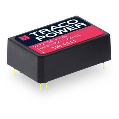 Obdélníkový elektronický člen s nápisem 'TRACO POWER'. Vstupní a výstupní napětí jsou definovány na 12 V a 5 V.