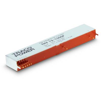 Obdélníkový, tenký Traco Power DC/DC měnič s červenou střední částí a kovovým pouzdrem. Model THV 12-1500P s vytištěnými technickými specifikacemi.