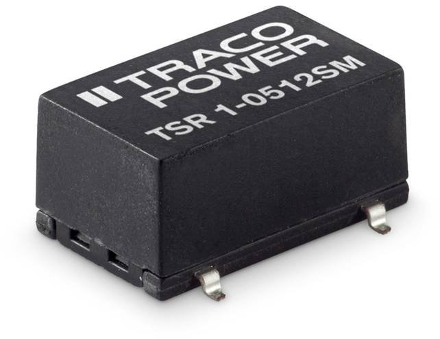 Černý elektronický modul s nápisem 'TRACO POWER TSR 1-0512SM', zobrazující piny a tvar pouzdra.