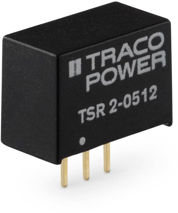 Černený měnič napětí od společnosti Traco Power s označením 'TSR 2-0512'. Má tři zlaté připojovací kolíky na základně.