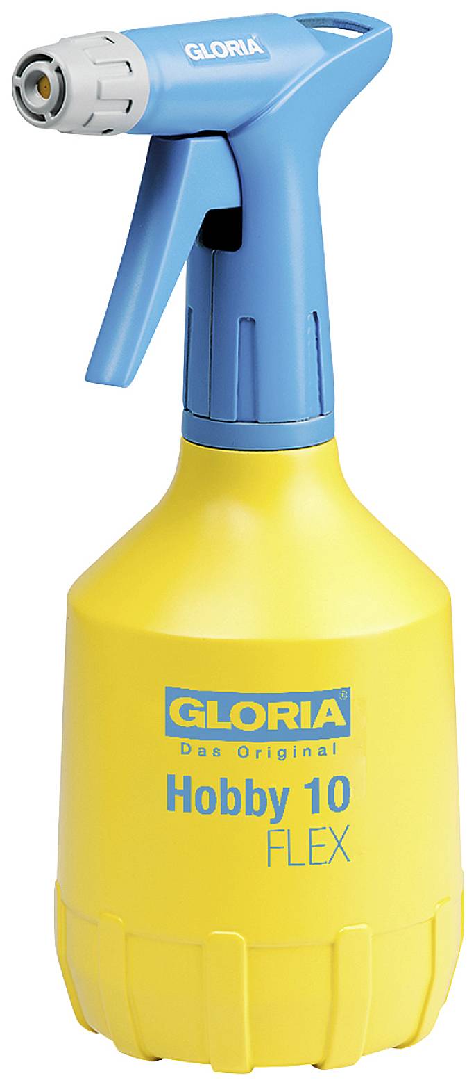 Žlutá postřikovací láhev s modrým držadlem, na níž je napsáno 'GLORIA Das Original Hobby 10 FLEX', vhodná pro zahradní a domácí použití.