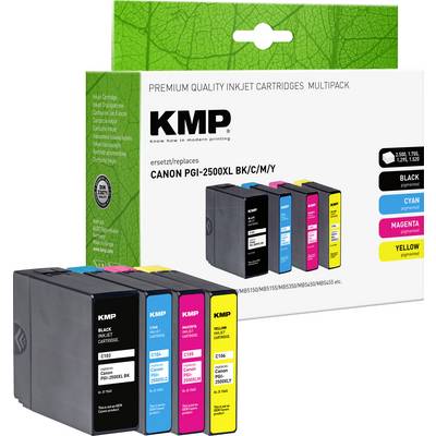 Sada inkoustových kazet od KMP, které jsou náhradou za Canon PGI-2500XL v barvách černá, azurová, purpurová a žlutá.