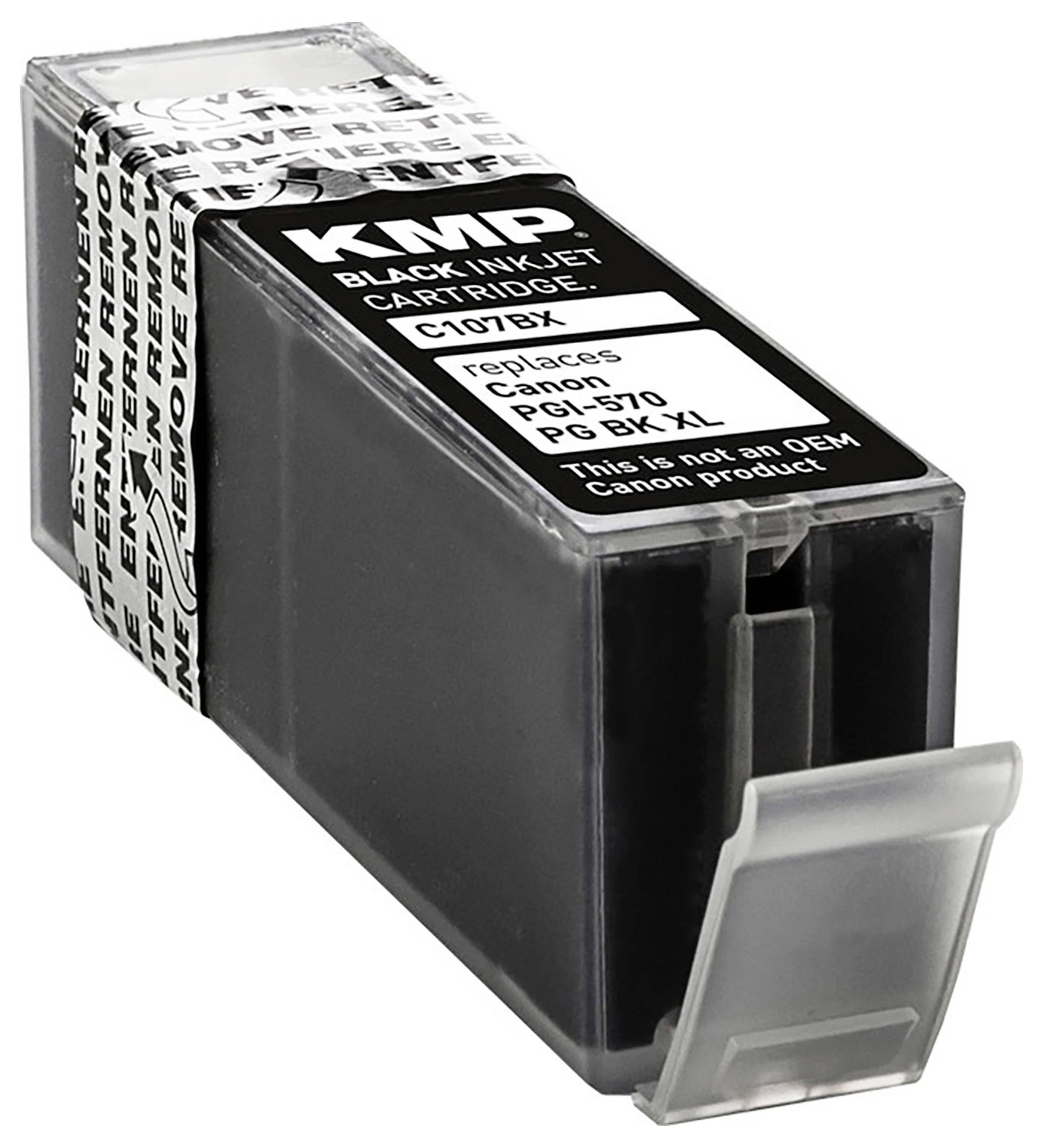 Černá inkoustová kazeta označená 'KMP C107'. Kompatibilní s modely Canon PGI-570, PG-BK XL.