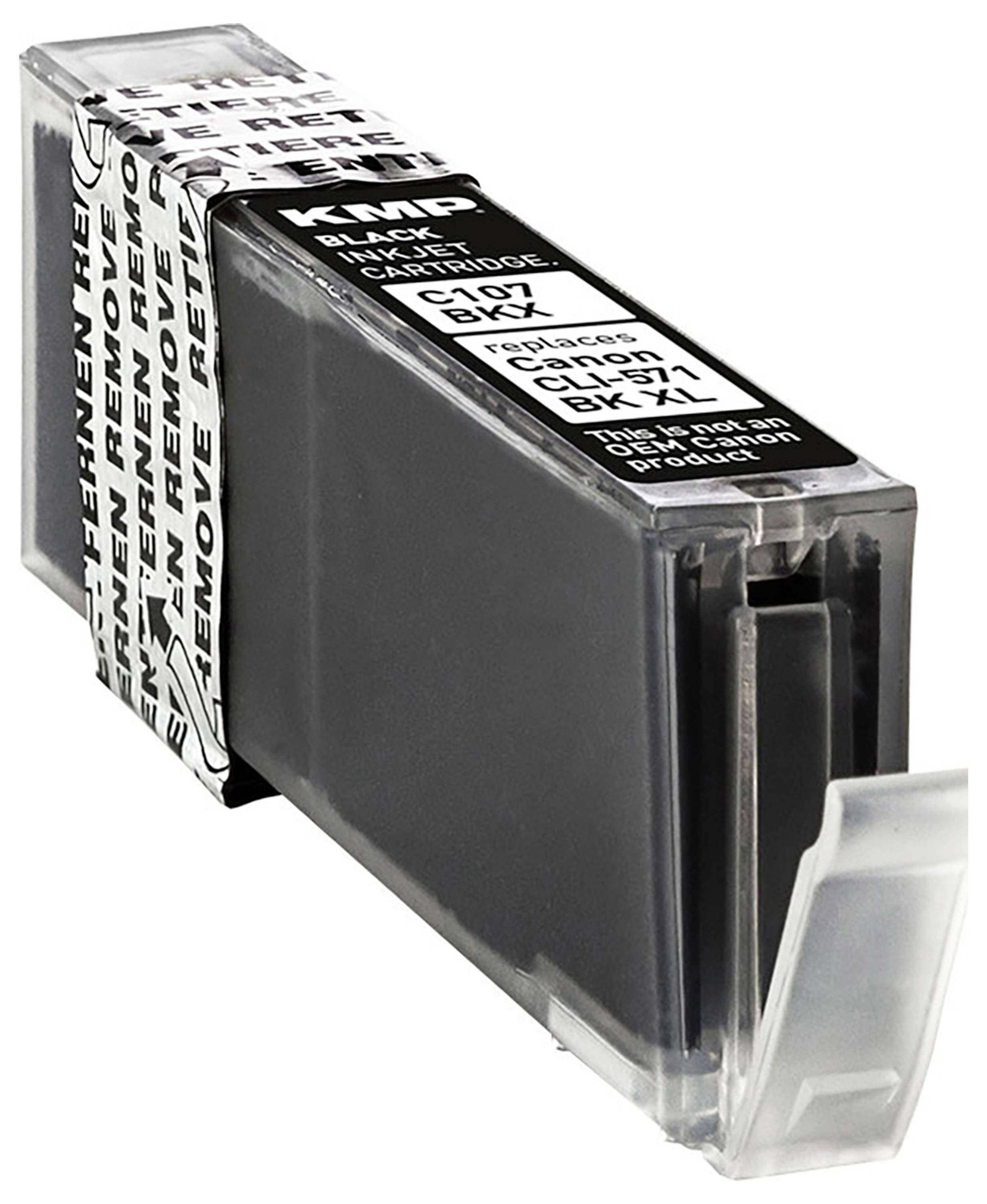 Černá inkoustová cartridge pro tiskárny Canon, model C107, od KMP. Cartridge je uzavřená a má průhlednou sekci, ve které je viditelný inkoust.
