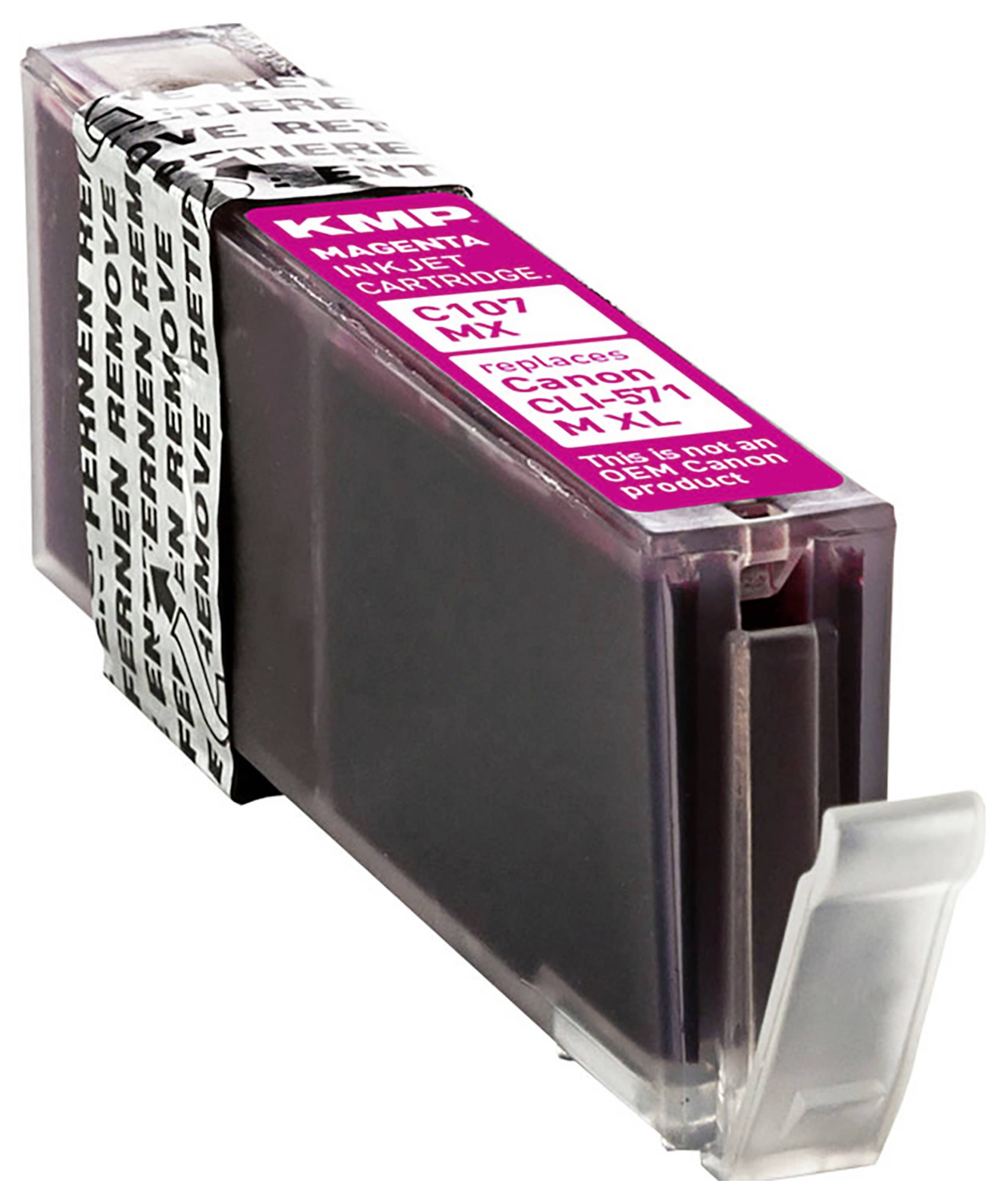 Purpurová inkoustová cartridge pro tiskárnu s černým textem nahoře označující náhradu pro Canon CLI-521, uzavřená průhlednou lepicí páskou.