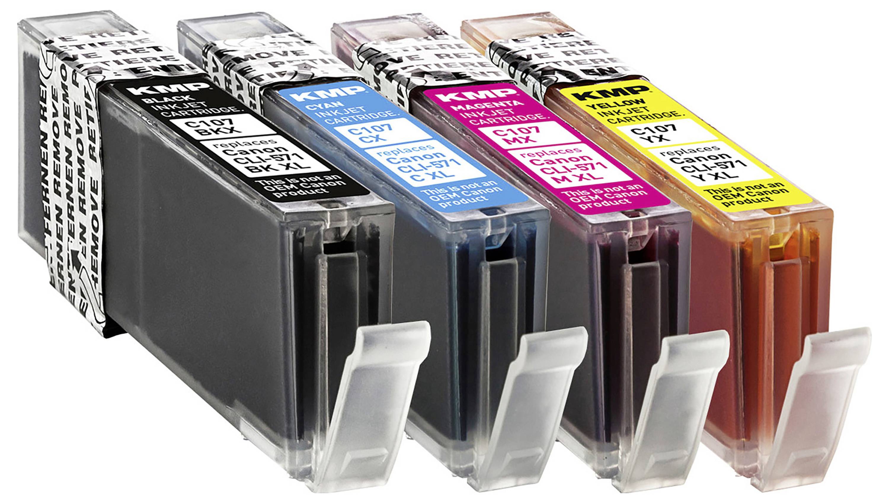 Čtyři inkoustové kazety v černé, azurové, purpurové a žluté barvě, označené štítkem 'KMP' s kompatibilitou pro modely Canon.