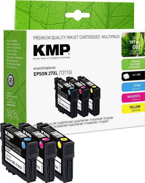 KMP Ink náhradní Epson 27XL, T2715, T2712, T2713, T2714 kompatibilní kombinované balení azurová, purppurová, žlutá E179V 1627,4005