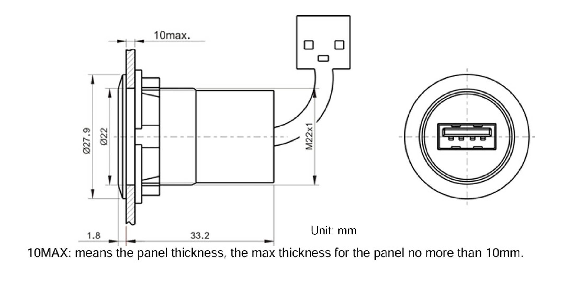 Technický výkres USB konektoru s rozměry: vnější průměr 27,2 mm, hloubka 33,2 mm. Poznámka: Max. tloušťka panelu 10 mm.