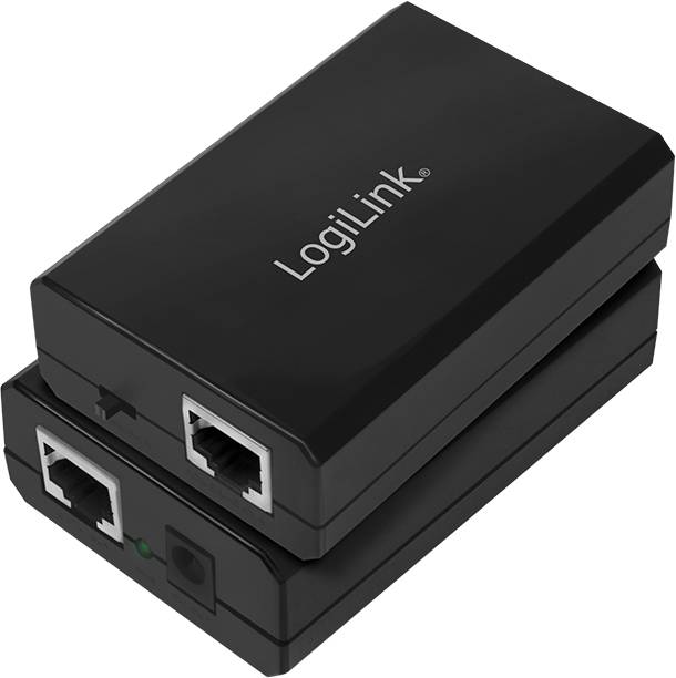 Dva černé ethernetové adaptéry LogiLink položené na sobě, s viditelnými konektory a logem.