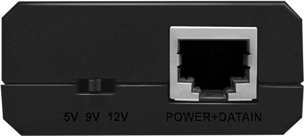 Na obrázku je černá síťová zásuvka s nápisem '5V 9V 12V POWER+DATAIN'. Má ethernetový port.