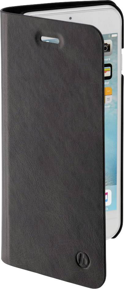 Smartphone s černým pouzdrem, které je částečně otevřené, ukazuje obrazovku s aplikacemi a černý vnější povrch.