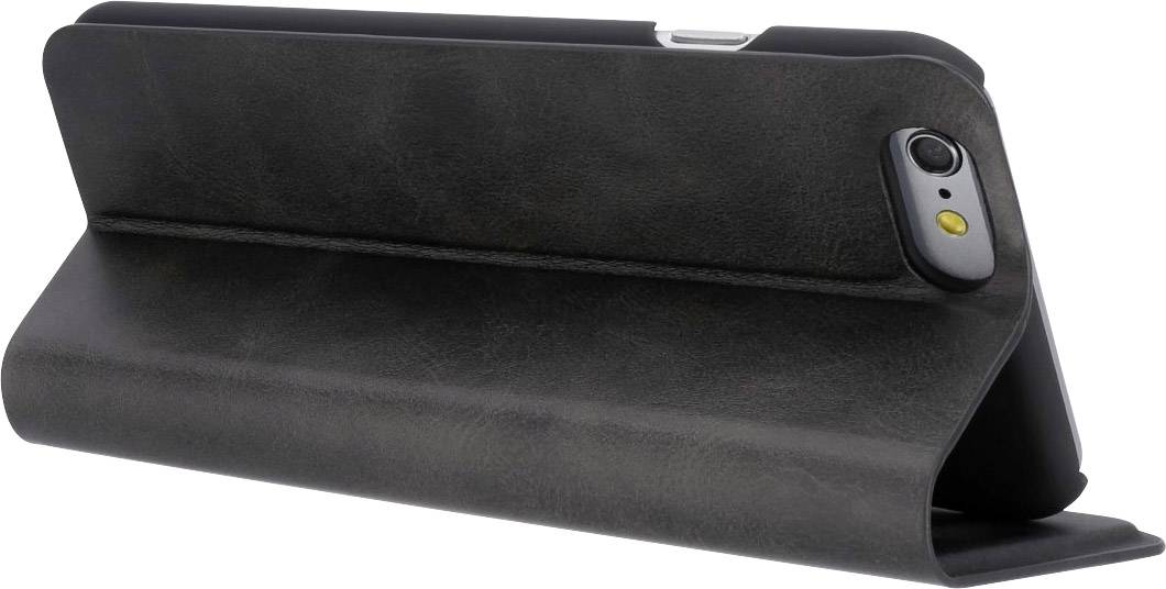 Černý kožený obal na smartphone s možností otevření a stojanovou funkcí, na zadní straně s otvorem pro kameru.