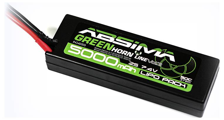 Lithium-polymerový akumulátor značky Absima s kapacitou 5000 mAh a napětím 7,4 V. Vhodný pro dálkově ovládané modely.