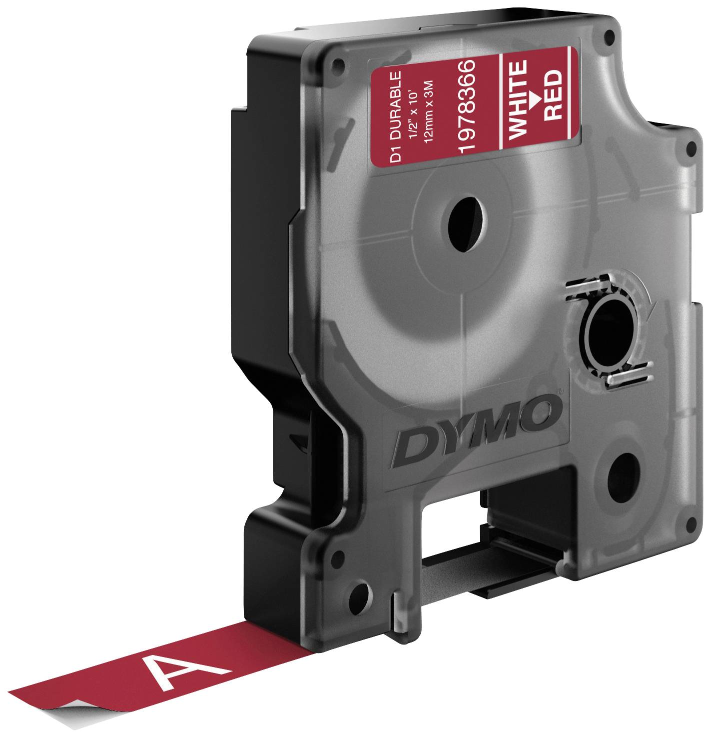 Páska do štítkovače značky Dymo, typ D1 Durable, s červeným páskem pro bílý tisk.