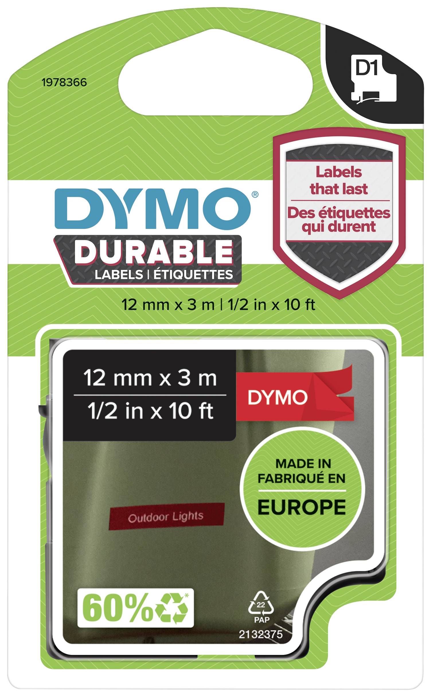 Etiketa v obalu s nápisem 'DYMO DURABLE', rozměry '12 mm x 3 m', poznámka 'Vyrobeno v Evropě', vhodné pro 'Venkovní osvětlení'.