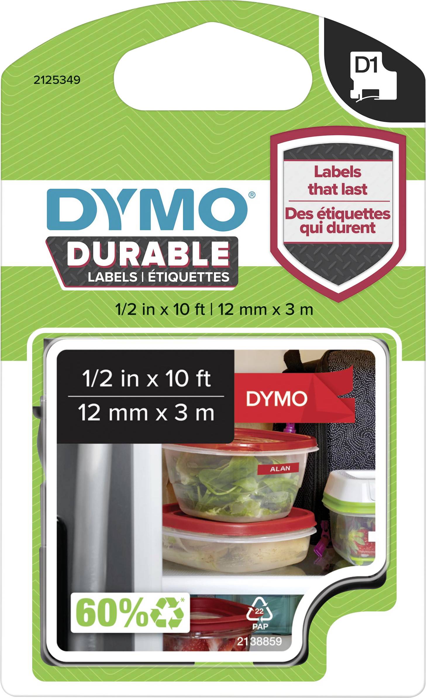 Obal 'DYMO Durable Labels'. Obsahuje kazetu pásky 1/2 palce x 10 stop. Na obrázku jsou označené nádoby. Štítky jsou odolné.