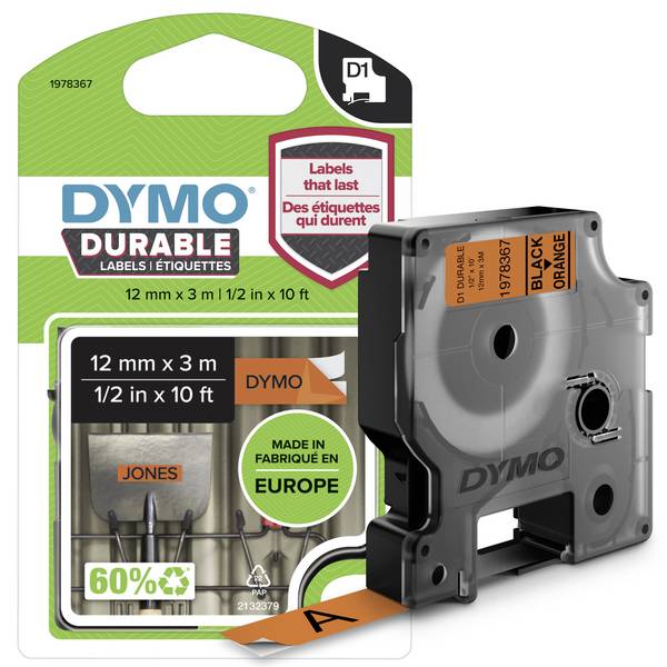 etikety DYMO D1 1978367 vinyl Barva pásky: oranžová Barva písma:černá 12 mm 3 m