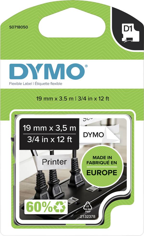 etikety DYMO D1 S0718050 polyamid Barva pásky: bílá Barva písma:černá 19 mm 3.5 m