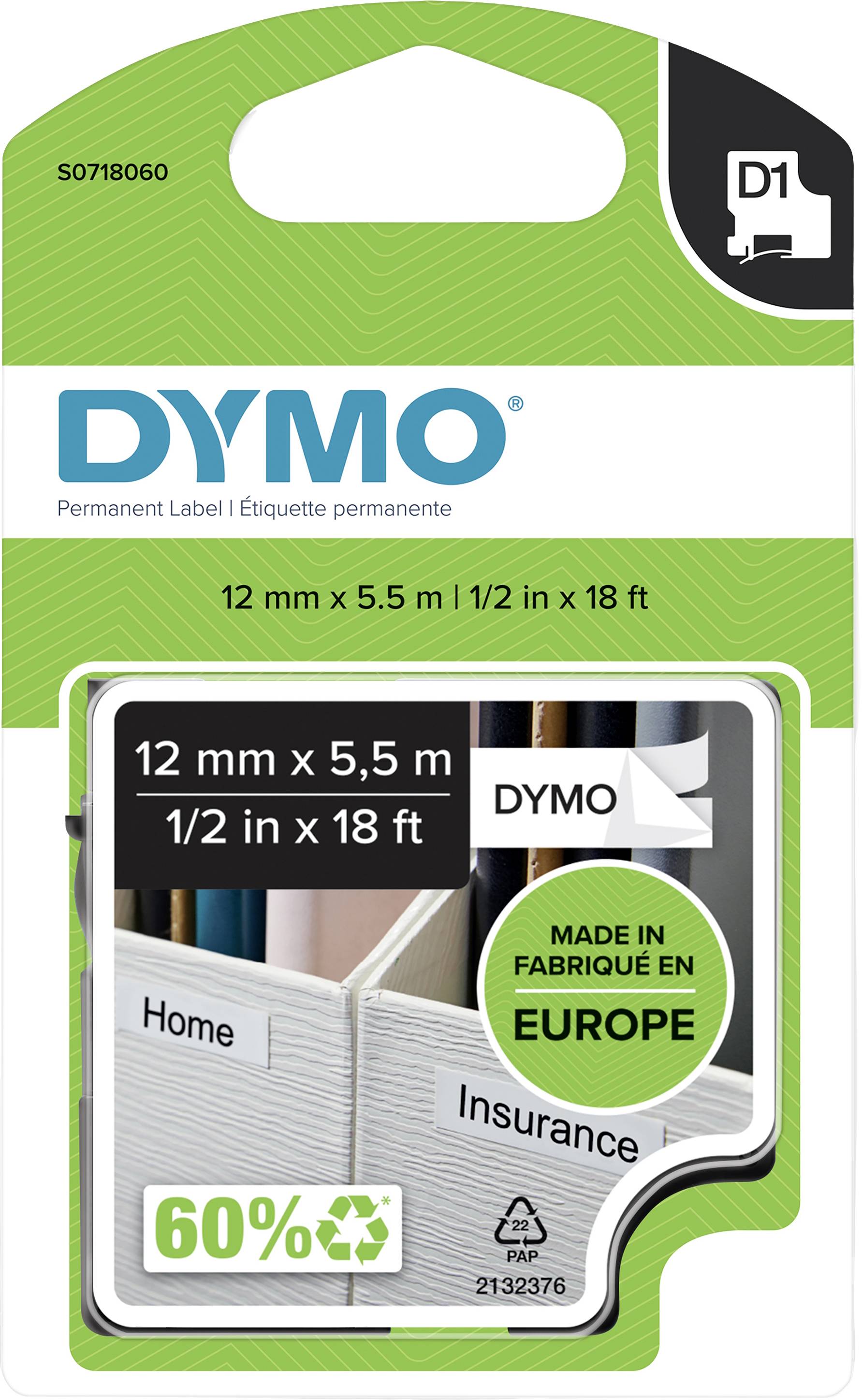 Balení pro Dymo pásku štítků, 12 mm x 5,5 m, zelená, s recyklačním symbolem. Nápis: '60% recyklovaný'. Vyrobeno v Evropě.