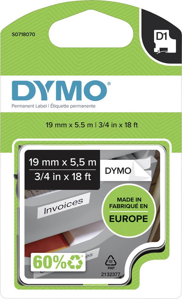 etikety DYMO D1 S0718070 polyester Barva pásky: bílá Barva písma:černá 19 mm 5.5 m
