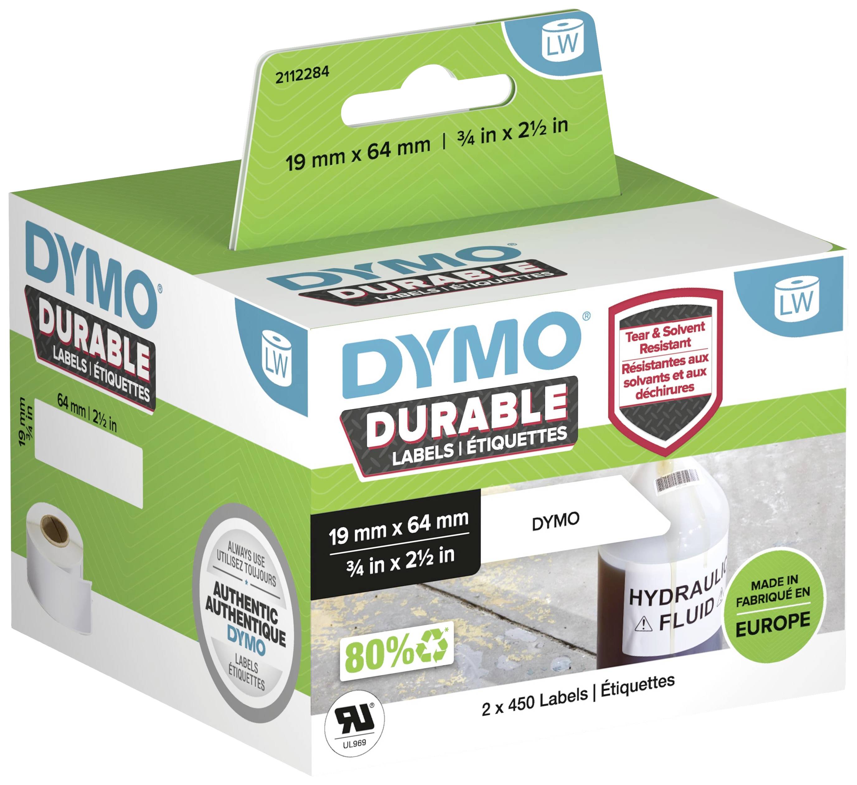 'Balení štítků DYMO Durable, 19 mm x 64 mm, 450 štítků na roli, odolné proti oděru, vodě a trhání.'