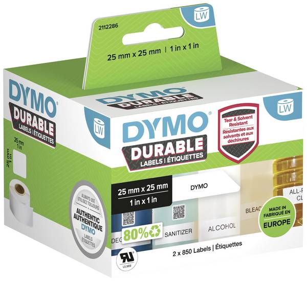 DYMO 2112286 etikety v roli 25 x 25 mm polypropylenová fólie bílá 1700 ks trvalé univerzální etikety, Adresní nálepky