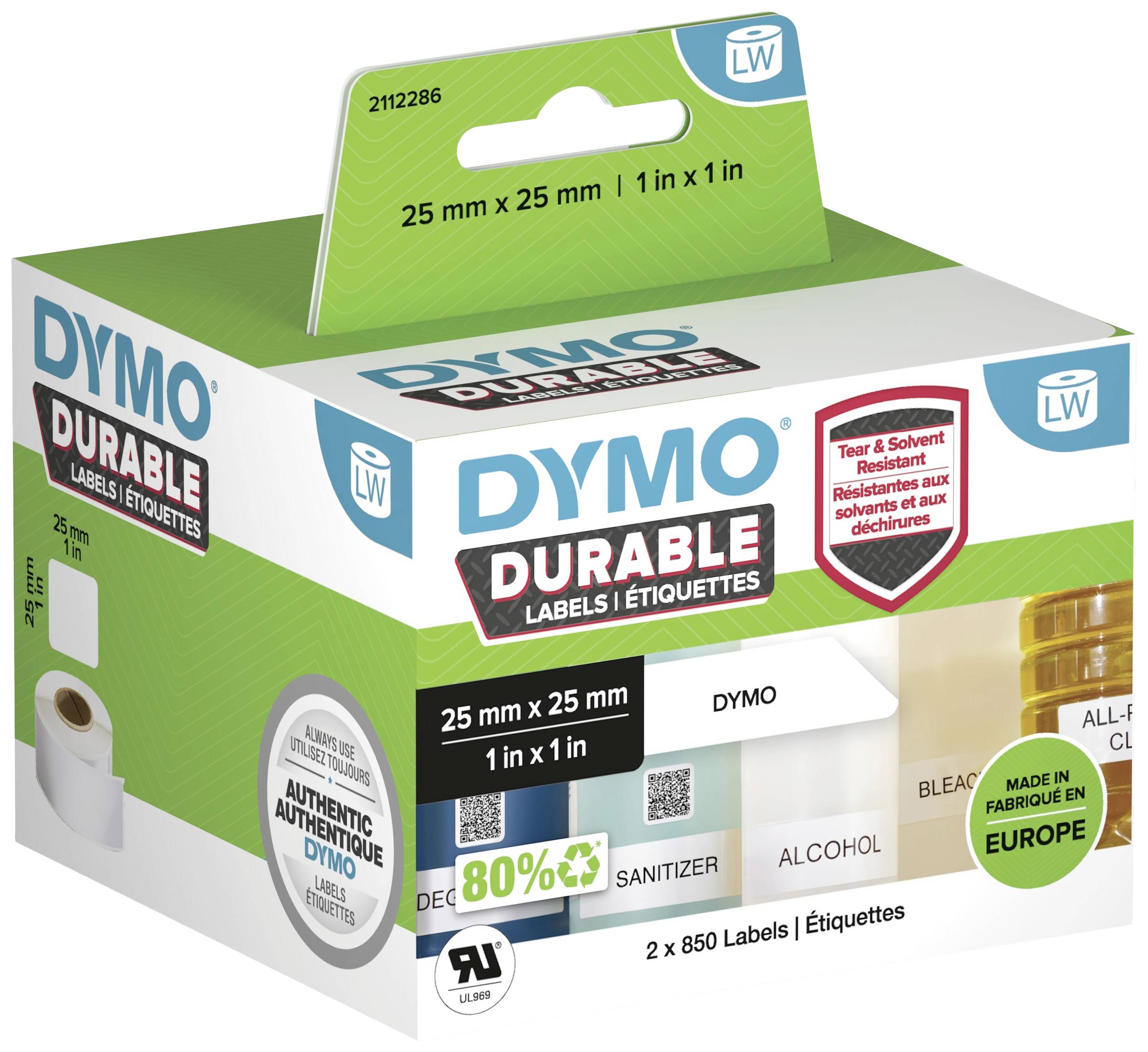 Obalový štítek 'DYMO Odolné Štítky', 25 mm x 25 mm etikety, odolné proti trhání a rozpouštědlům, vhodné pro různé typy lahví.