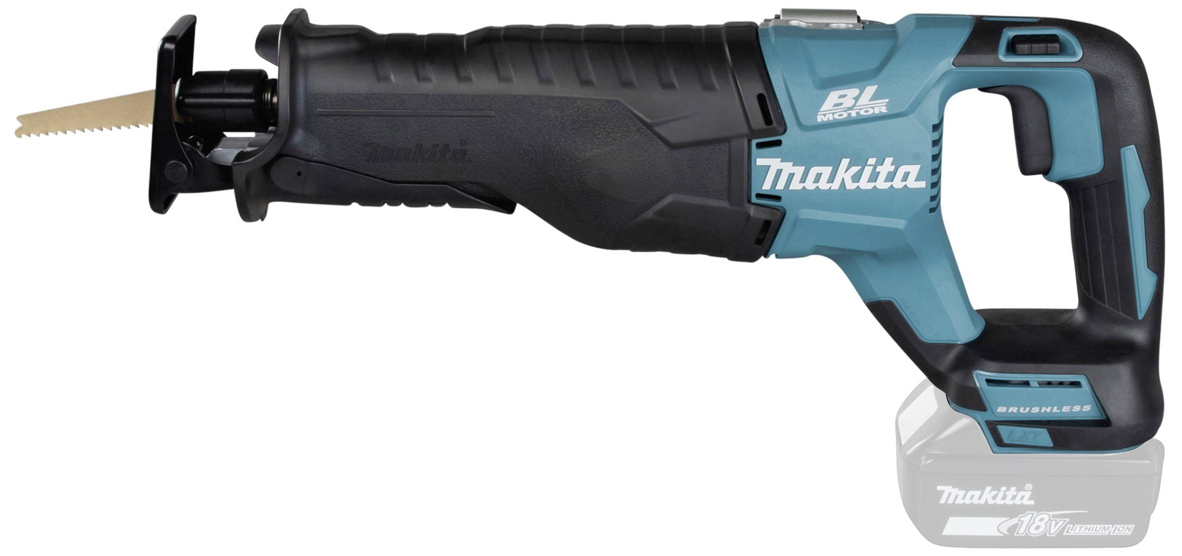 Akumulátorová šavlová pila s ergonomickou rukojetí, vlevo pilový list, vpravo logo 'Makita'. Prostor pro baterii dole.