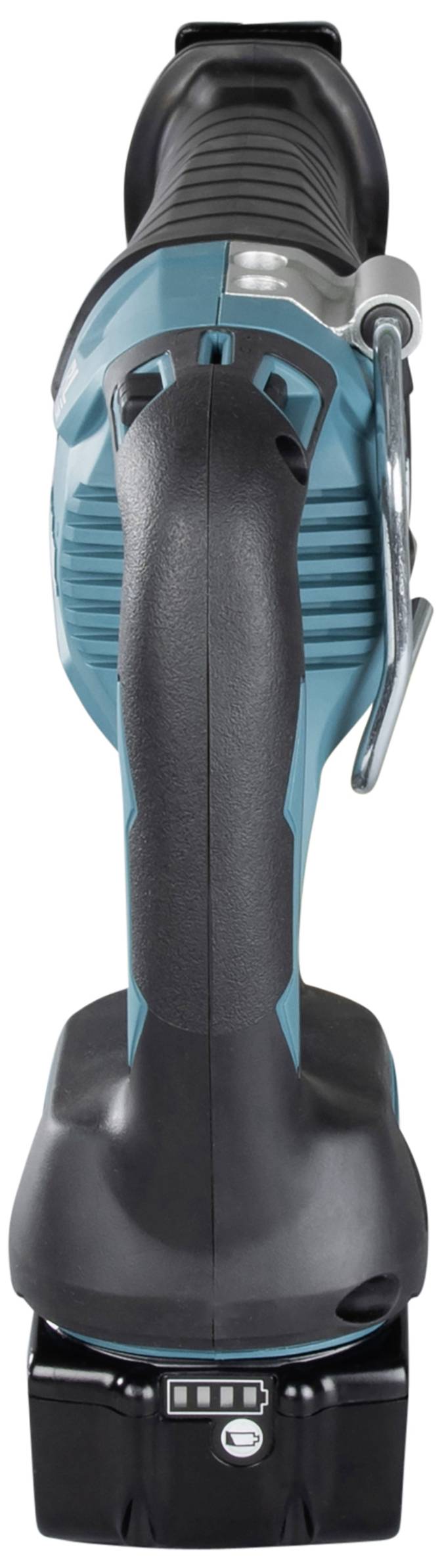 Akumulátorová modrá a černá ruční vrtačka, pohled zezadu. Indikátor stavu baterie na spodní straně a ergonomická rukojeť.