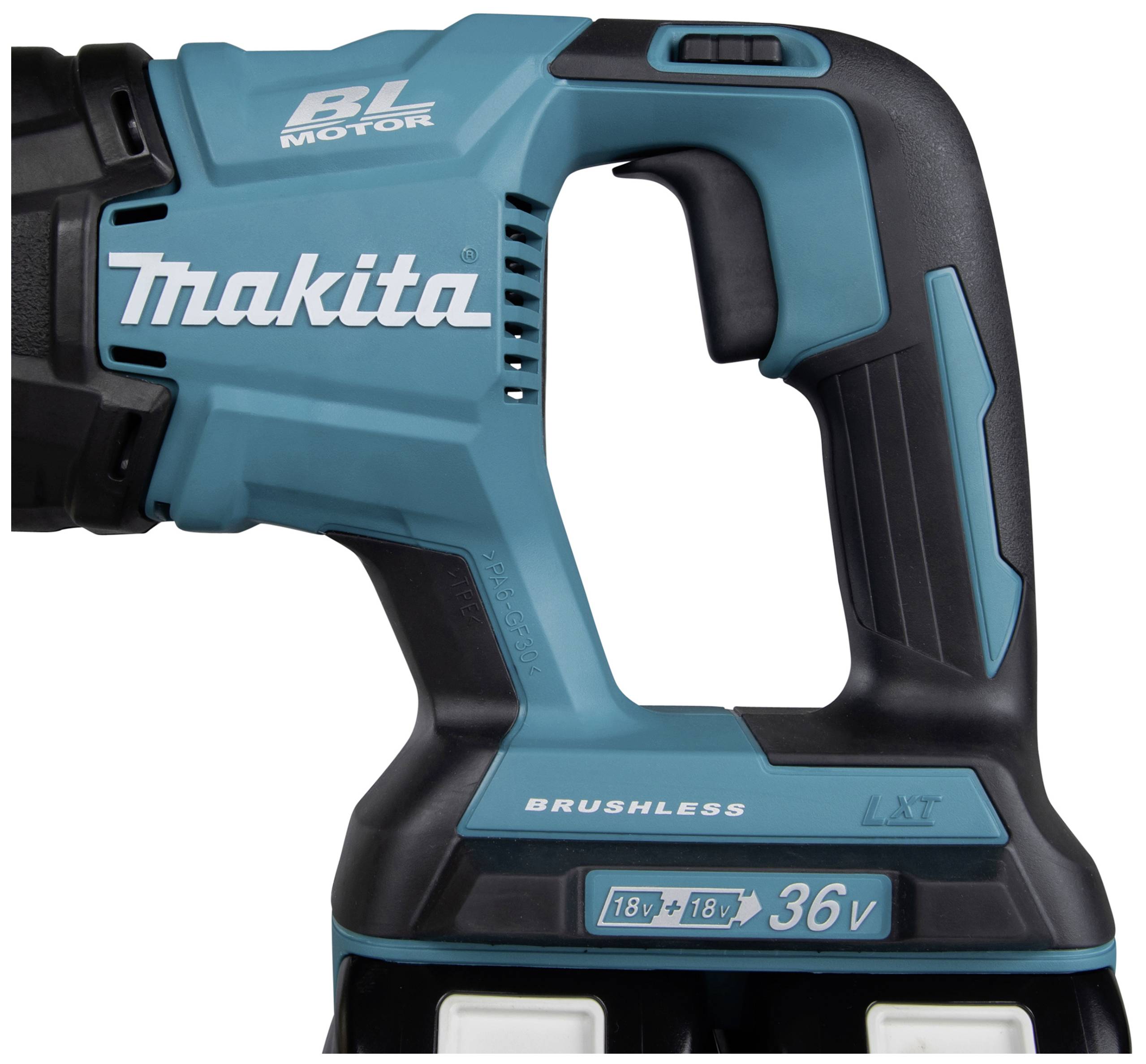 Akumulátorová vrtačka s modrým držadlem, značky 'Makita', s označením 'BL Motor', 'Brushless' a napětím '18Vx2=36V'.