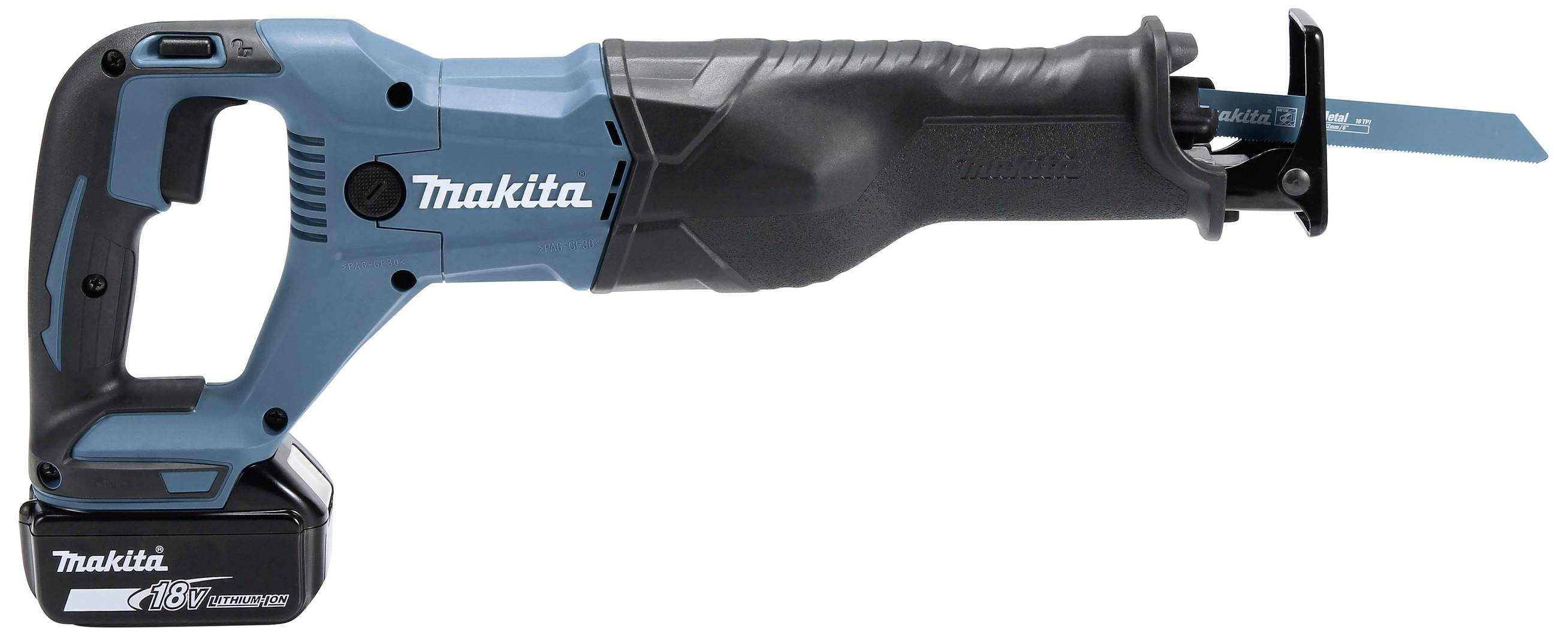 Makita akumulátorová pila ocaska s modro-černým designem a 18V baterií. Vhodná pro řezání dřeva a kovu v stavebních a hobby projektech.