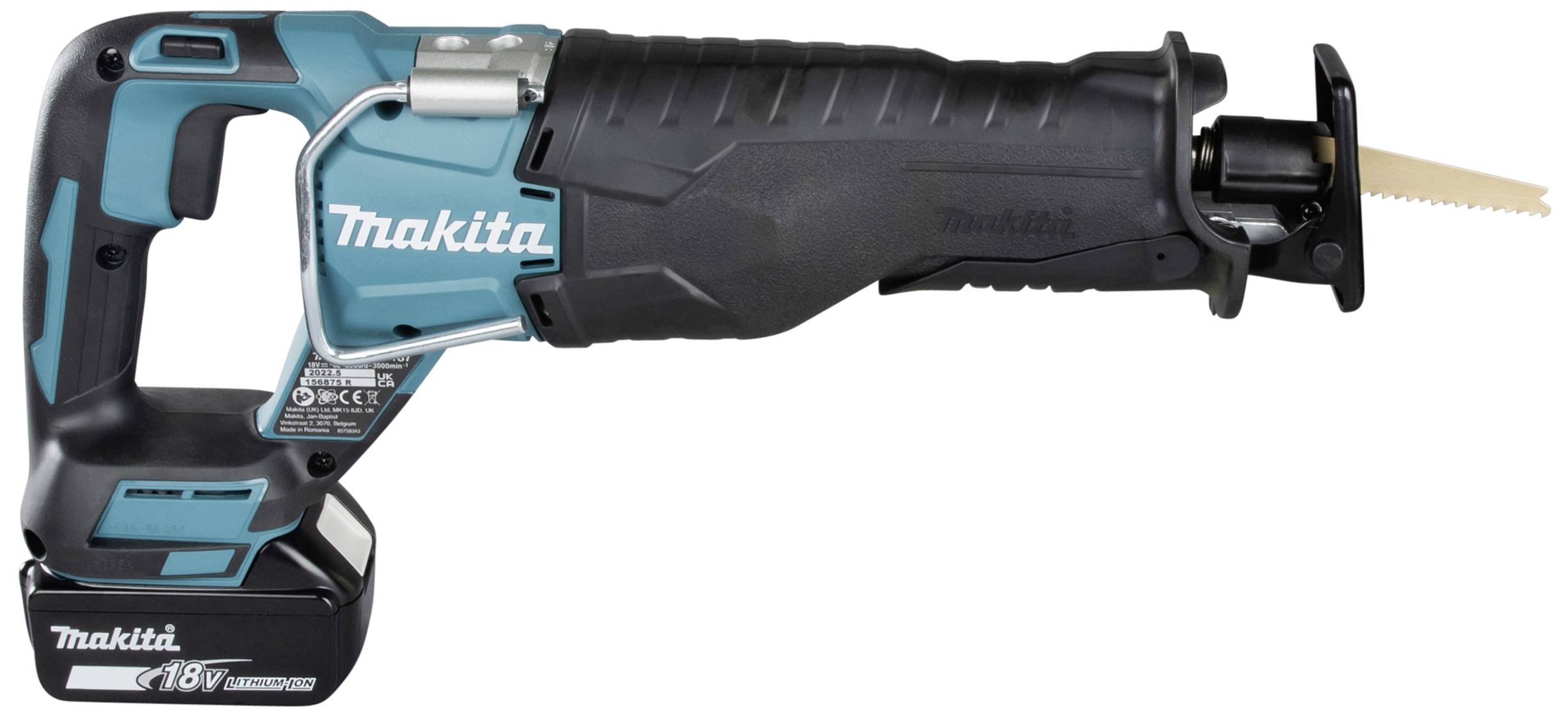Akumulátorová pila ocaska v modré a černé barvě od známé značky, s výkonem 18V a ergonomickým designem pro všestranné řezání.