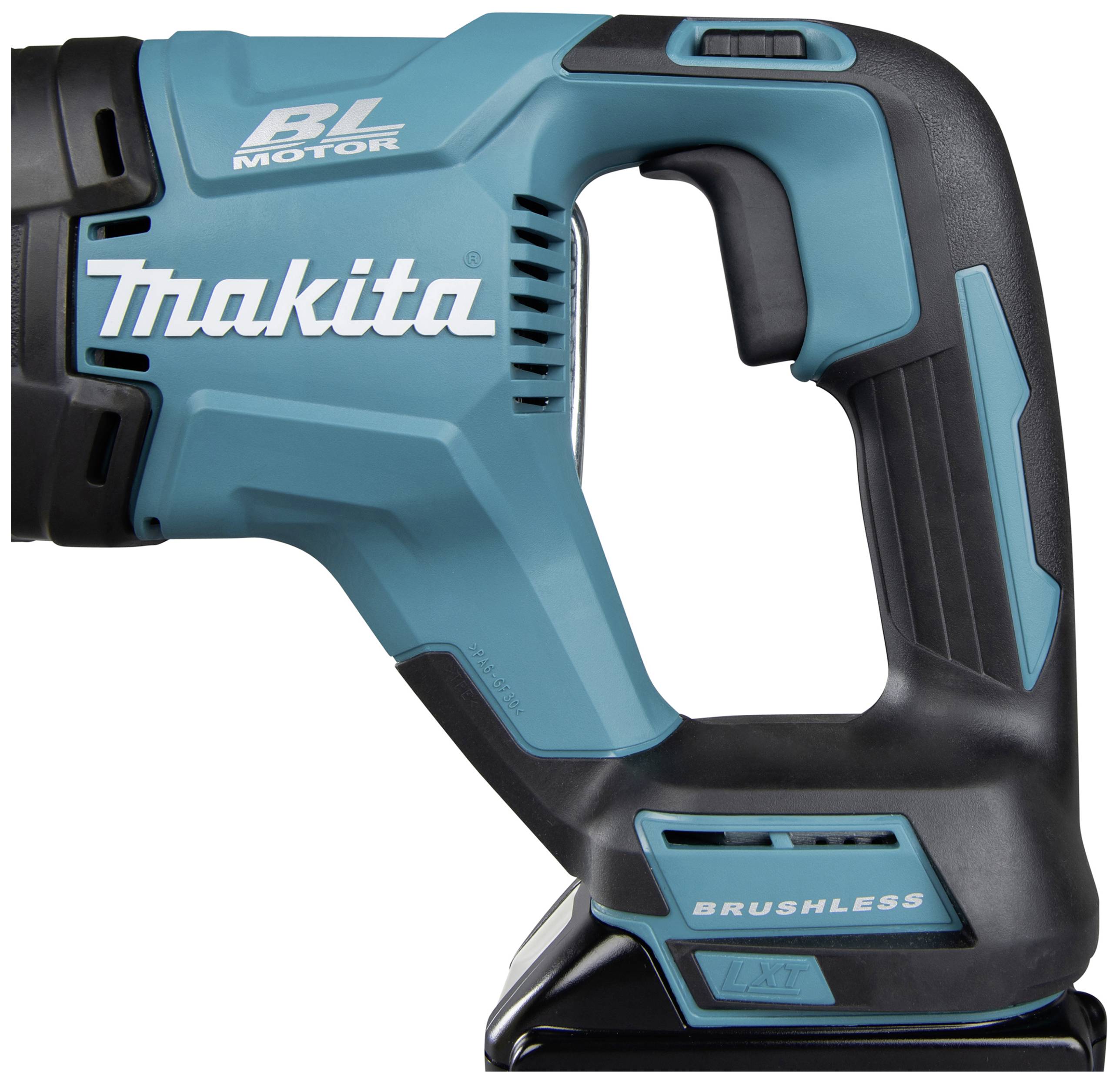 Náhradní akumulátorová vrtačka v modré barvě s nápisem 'BL Motor' a 'Makita'; ergonomicky tvarovaná rukojeť, prostor pro baterii dole, bez baterie.