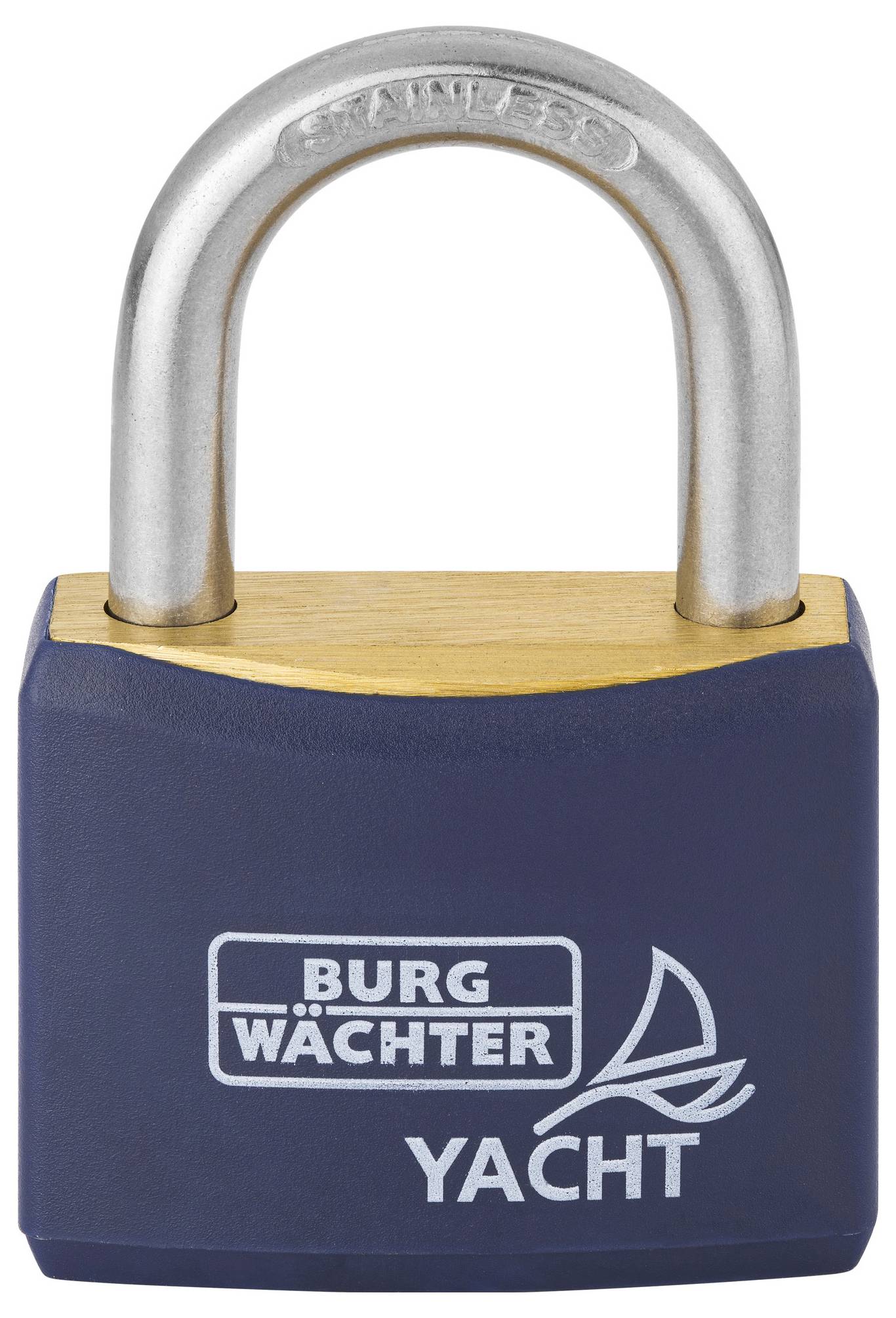 Robustní visací zámek z kovu s nápisem 'Burg Wächter Yacht', vhodný pro bezpečnostní použití ve venkovních prostorách.