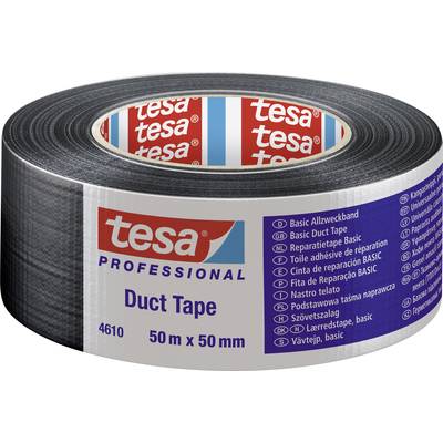 Černá lepicí páska značky 'tesa', 50 m x 50 mm, vhodná pro opravy a ruční práce, navinutá na roli s produktovým štítkem.