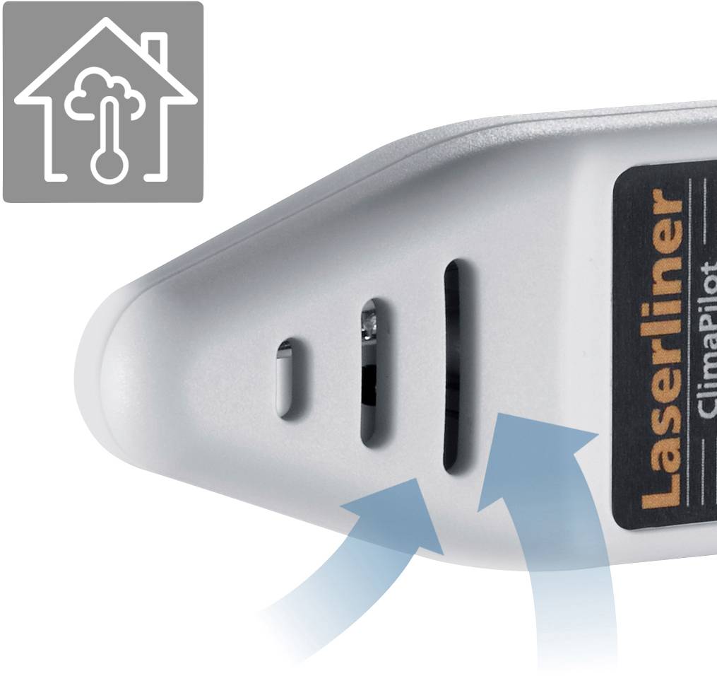 Detailní záběr digitálního přístroje na měření teploty a vlhkosti od společnosti Laserliner se modrými šipkami znázorňujícími proudění vzduchu.