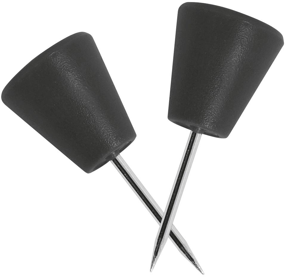 Dvě černé napichovací špendlíky s kovovými hroty křížem přes sebe, na bílém pozadí.