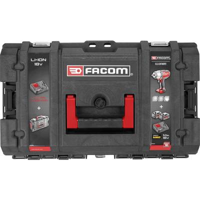 Černý kufřík na nářadí s červenými držadly, zobrazuje firemní logo 'Facom'. Samolepka ilustruje elektrické nářadí na akumulátor.