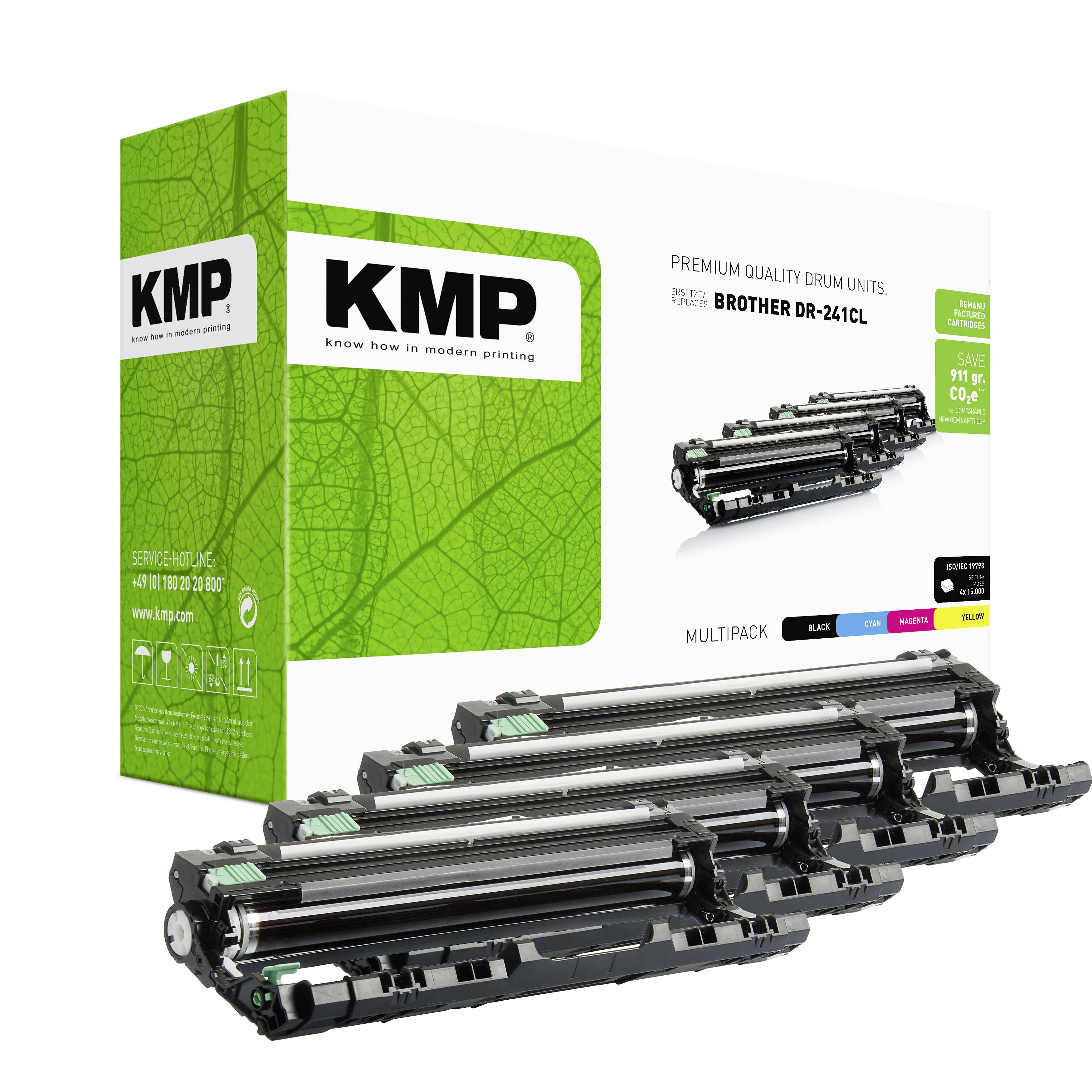 Vícebalení KMP prémiové kvality bubnových jednotek pro Brother DR-241CL, zobrazené jako krabice a čtyři tonerové bubny.