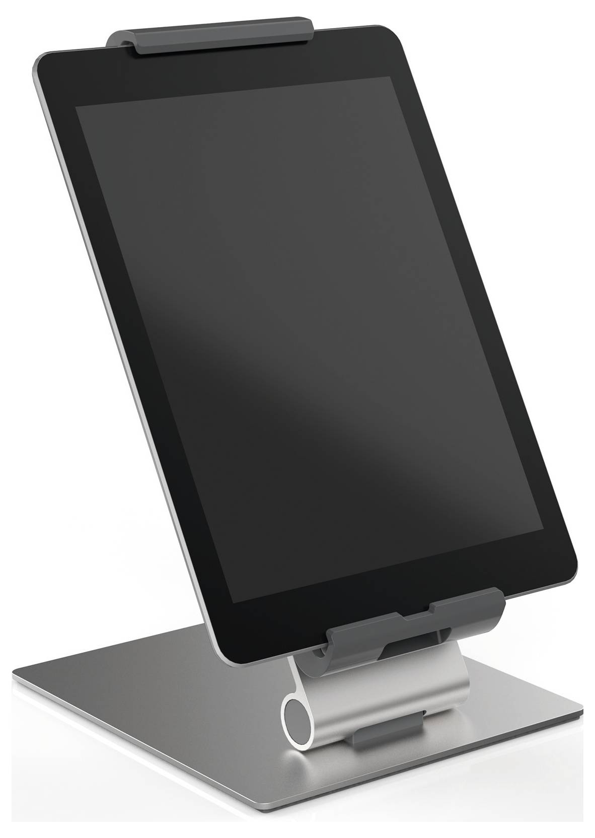 Tablet na stojanu, které je vztyčené pod úhlem. Stojan má stabilní základnu a tablet je upevněn svorkami nahoře a dole.