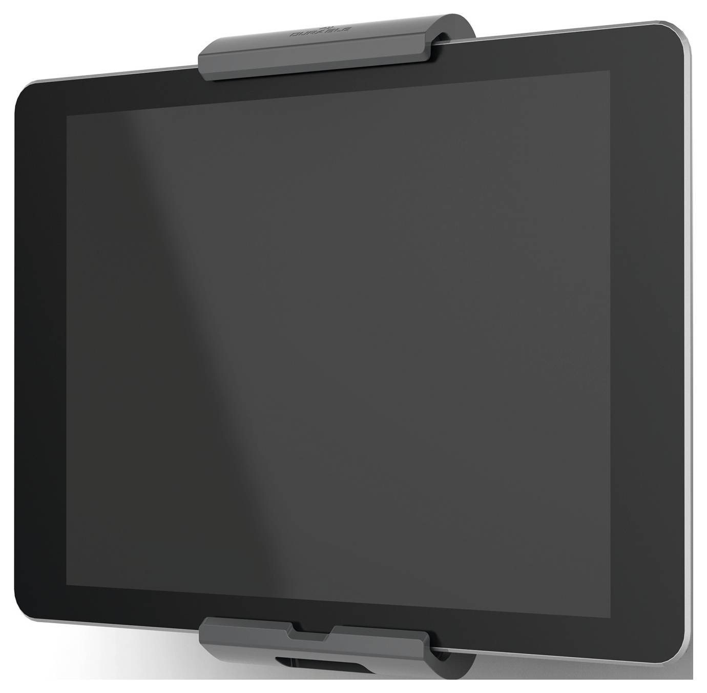 Tablet v držáku, vypnuté, obrazovka černá.