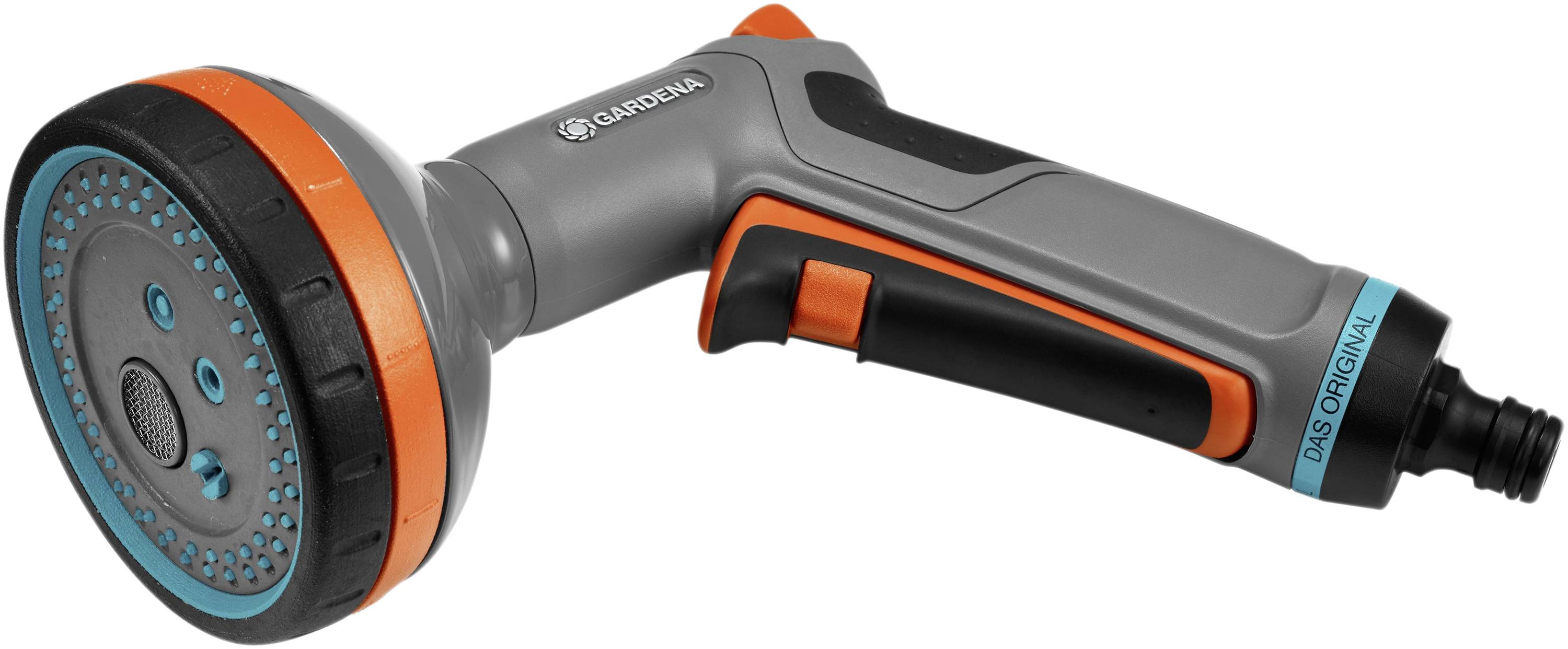 Šedý a oranžový sprchový nástavec zahradní hadice s ergonomickou rukojetí, vhodný pro různé rozstřikovací funkce v zahradě.