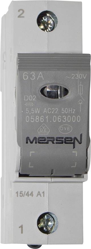 'Šedý držák pojistky Mersen s nápisem: 63A, AC22, 50 Hz, 5,5 W, 230 V.'