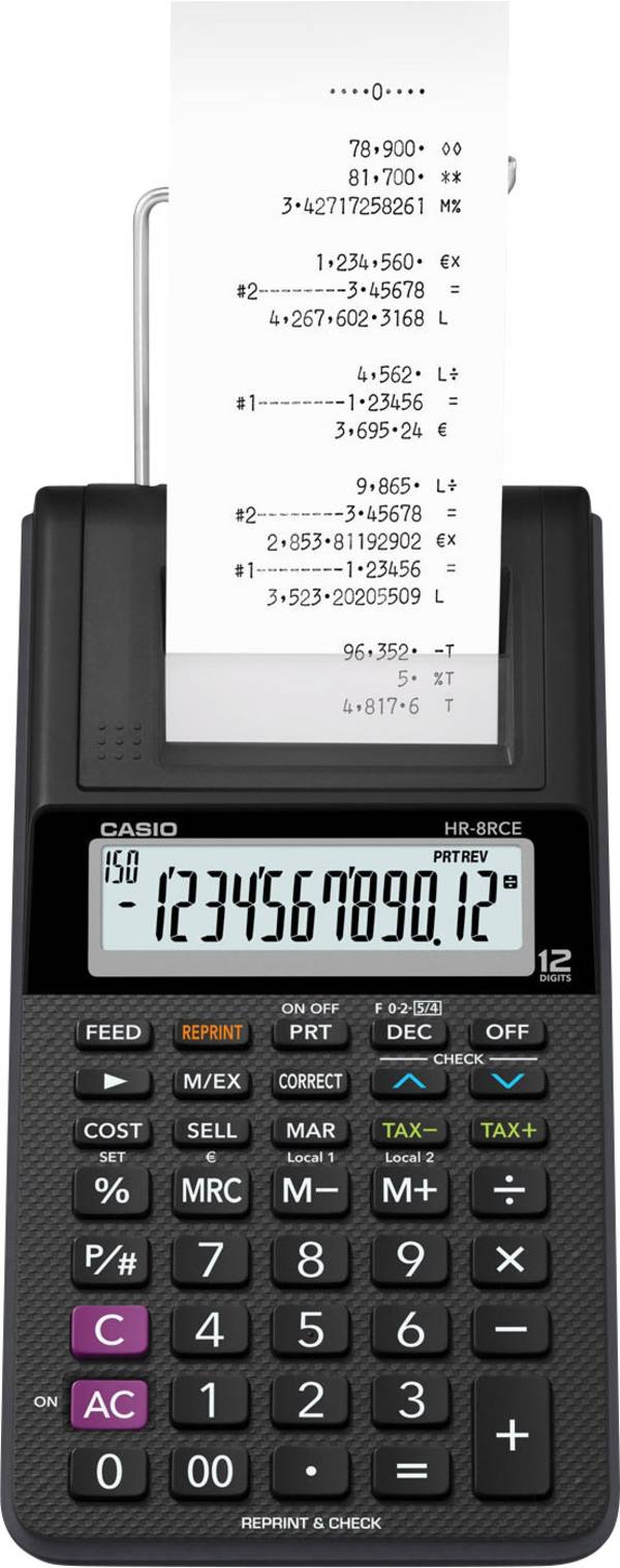 Casio HR 8 RCE black  stolní kalkulačka s tiskárnou, displej (počet míst) 12, na baterii, napájení ze sítě (volitelné), černá