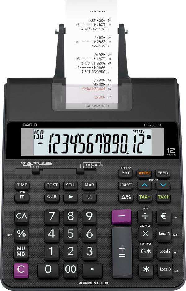 Casio HR 200 RCE  stolní kalkulačka s tiskárnou, displej (počet míst) 12, na baterii, napájení ze sítě (volitelné), černá