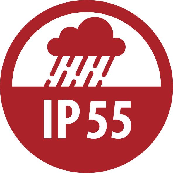 Červený symbol ochrany proti vniknutí IP55 s deštnou mrakem a padajícím deštěm, který označuje ochranu před prachem a odolnost vůči stříkající vodě.