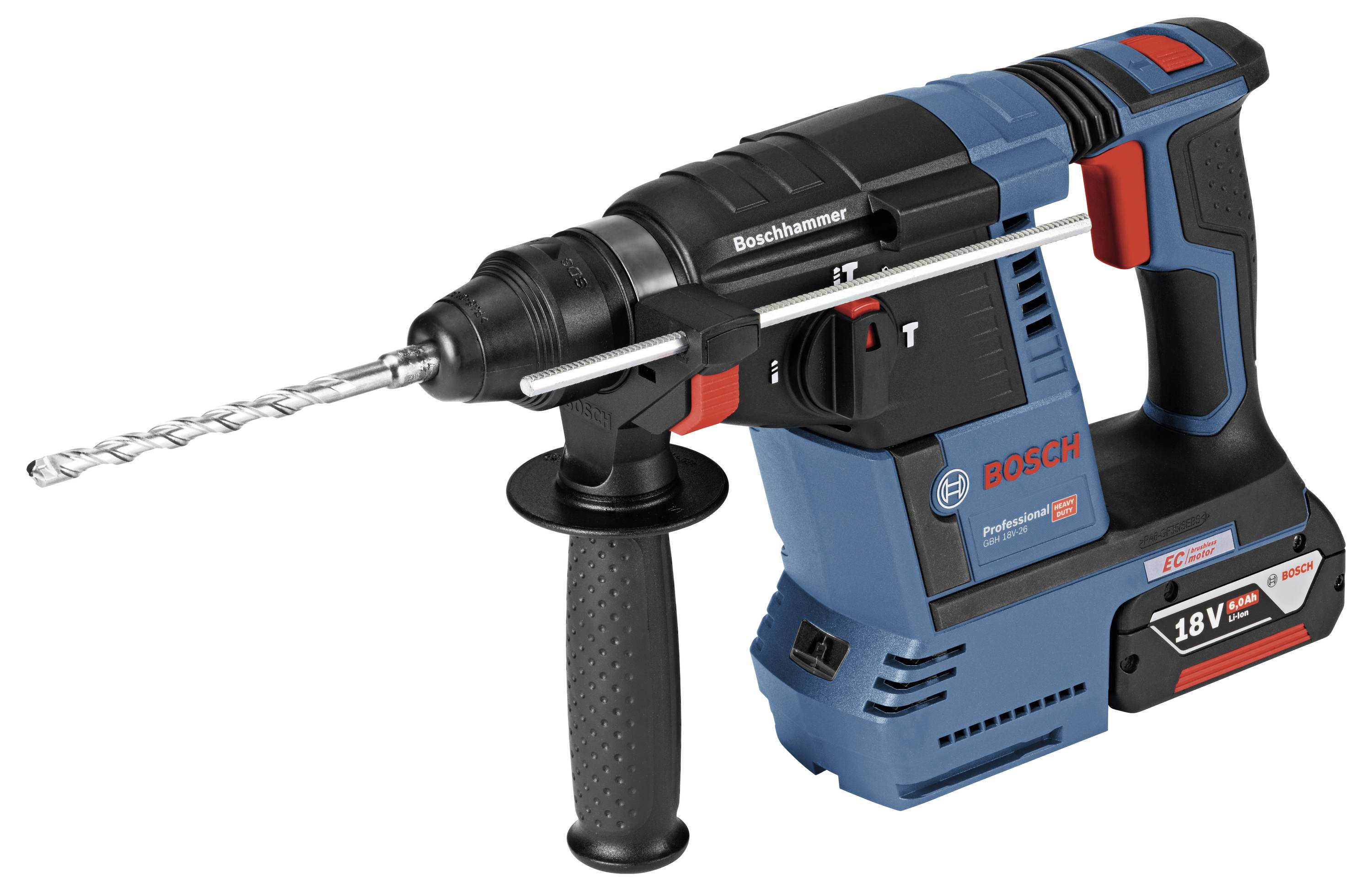 Modrý a červený Bosch aku-vrtací kladivo s 18V akumulátorem Power for All. Má dlouhý vrták a černou rukojeť.