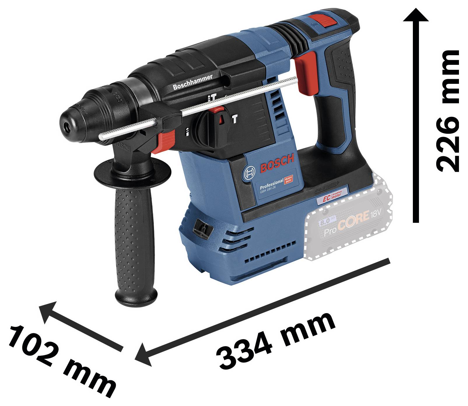 Akumulátorové kladivo Bosch, modro-červené, s rukojetí vlevo a údajem délky. Rozměry: 334 mm délka, 226 mm výška, 102 mm hloubka.