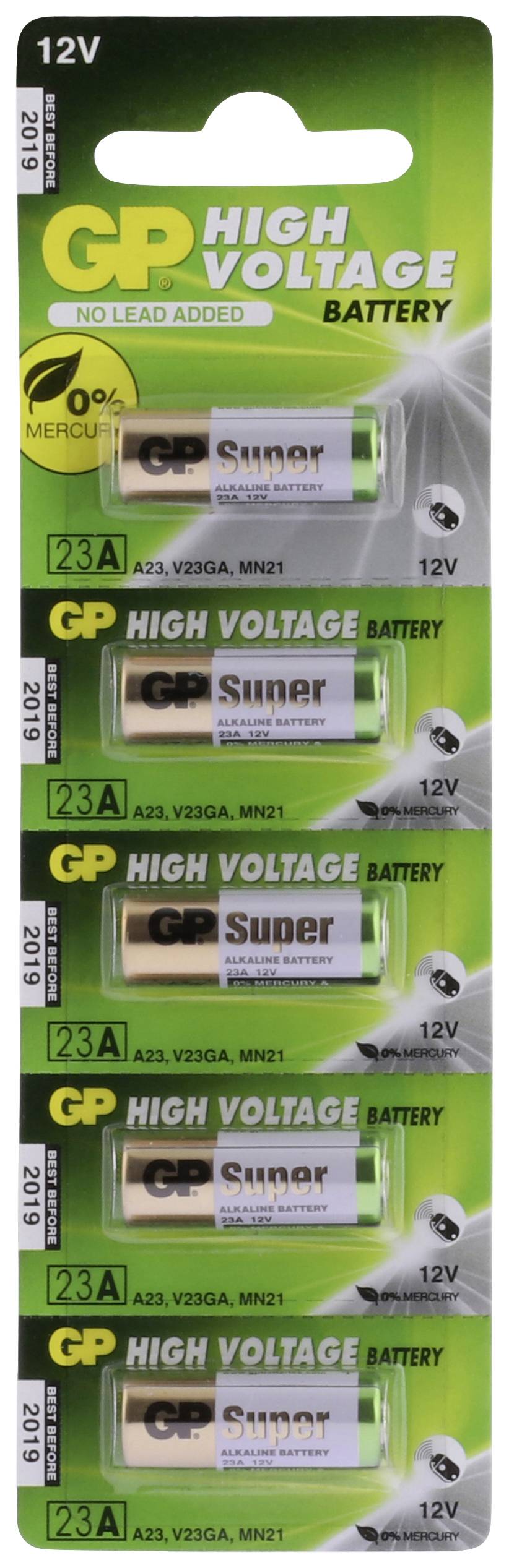 Pět GP vysoce výkonných baterií (12V) na kartě, každá 23A model, pro elektronická zařízení, šetrné k životnímu prostředí, bez obsahu rtuti.