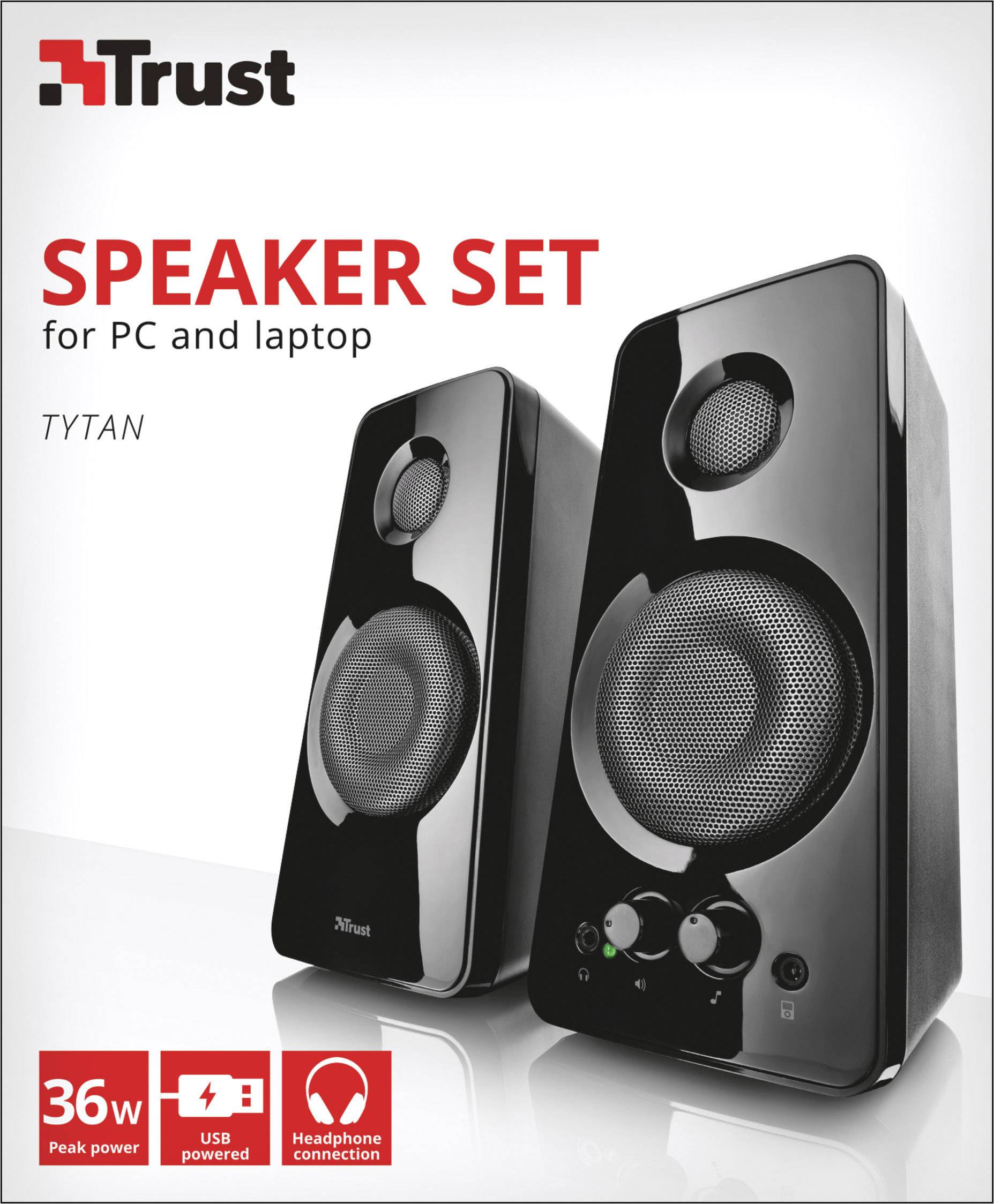 Sada reproduktorů 'Trust Speaker Set' pro počítač a notebook, model 'Tytan', černá s ovladačem hlasitosti; 36W špičkový výkon, napájení přes USB, konektor pro sluchátka.